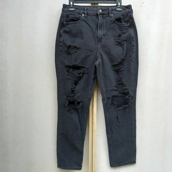 American Eagle Mom Jeans Comfort Stretch Waistband Size 8 Ankle Distressed Black - Picture 1 of 9